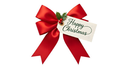 Elegant red satin christmas bow with happy christmas gift tag and holly accent