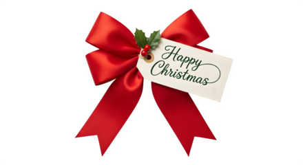 Elegant red satin christmas bow with happy christmas gift tag and holly accent