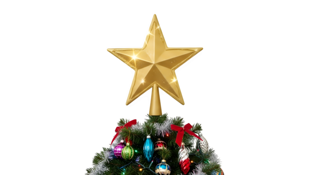 Golden star topper adorns a beautifully decorated christmas tree with colorful ornaments and lights