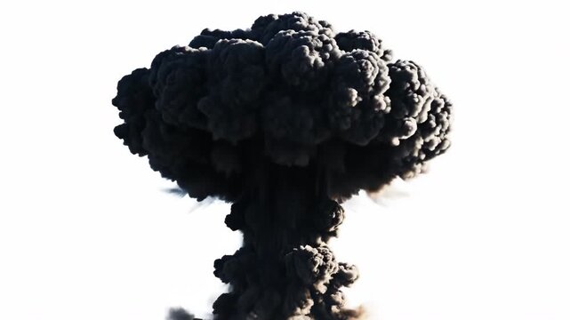 Explosive mushroom cloud atom bomb simulation with dark smoke against a white background for disaster awareness