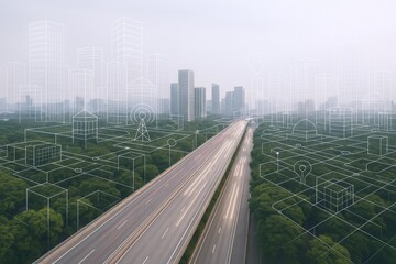 Smart City Highway with Digital Overlay Representing Connectivity, Technology, and Infrastructure Integration for Modern Urban Planning