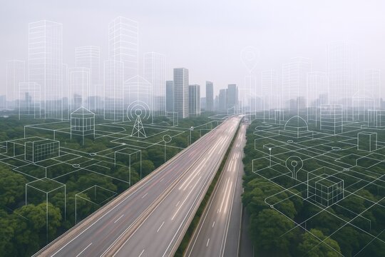 Smart City Highway with Digital Overlay Representing Connectivity, Technology, and Infrastructure Integration for Modern Urban Planning - Powered by Adobe