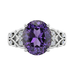 Silver ring with large oval cut purple sapphire and diamond accents on a transparent background