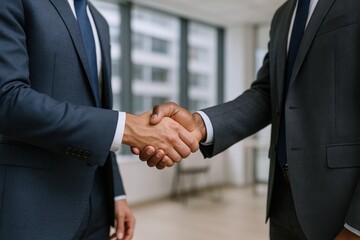 Business Professionals Handshake Demonstrating Agreement and Collaboration in a Modern Office Setting, Symbolizing Partnership and Success