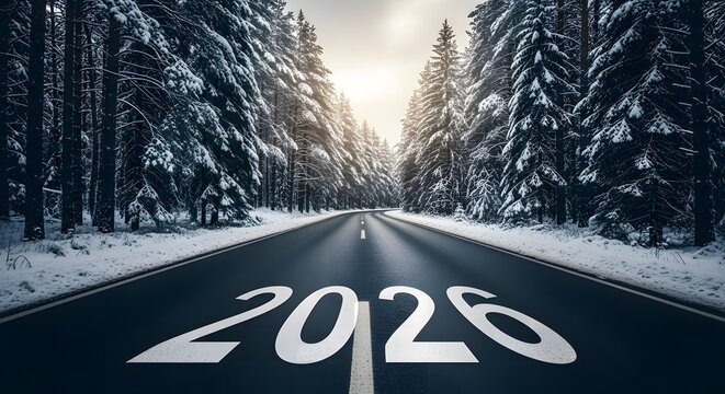 Winter road with 2026 painted on asphalt leading into snowy forest