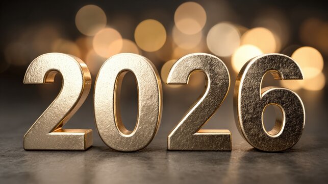 Golden 2026 Numerals Against Bokeh Background Representing New Year, Financial Forecast, and Future Projections