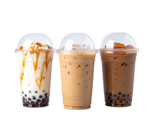 Three sweet iced beverages with dark tapioca pearls