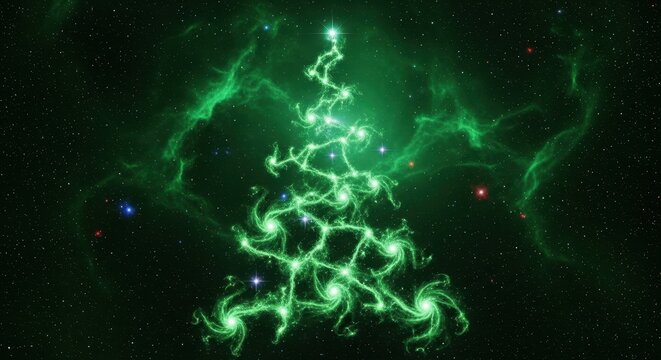 Celestial Fir: A Cosmic Christmas Tree of Emerald Nebulae and Distant Star Clusters