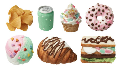 Colorful Food Collection with Snacks, Desserts, and Sweet Treats Isolated on White
