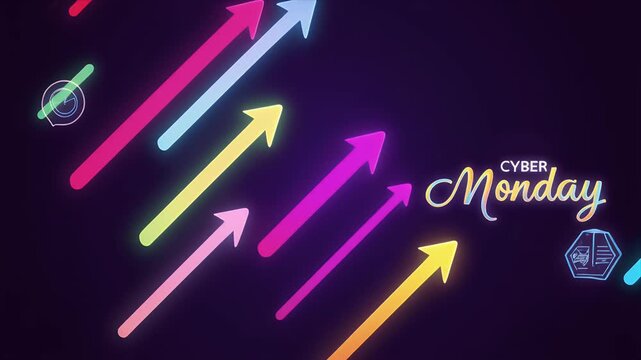 Cyber Monday sale event featuring vibrant neon arrows and striking graphic elements on a dark background promoting discounts and offers