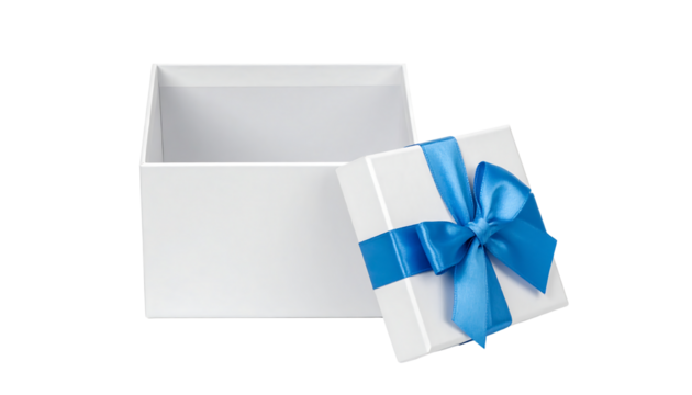 Open white gift box with a bright blue ribbon and bow, lid propped against the box on clean white background
