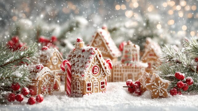 Charming Gingerbread Village Scene with Snowfall, Festive Holiday Decorations, Candy Canes, and Winter Wonderland Ambiance