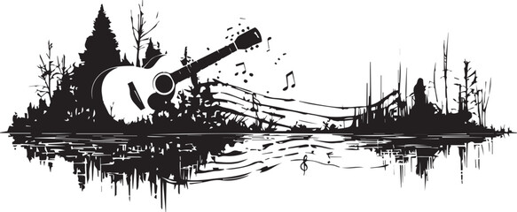 Harmony of Nature and Music: An acoustic guitar seamlessly integrates into a serene landscape, its strings flowing like musical notes over a still lake, echoing the tranquility of nature.