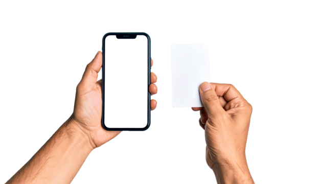 Hands holding a blank smartphone and a small white card, with visible skin texture, isolated on white
