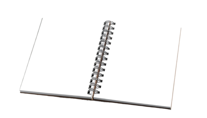 Open spiral bound notebook with blank white pages, viewed from above, on a white background transparent png