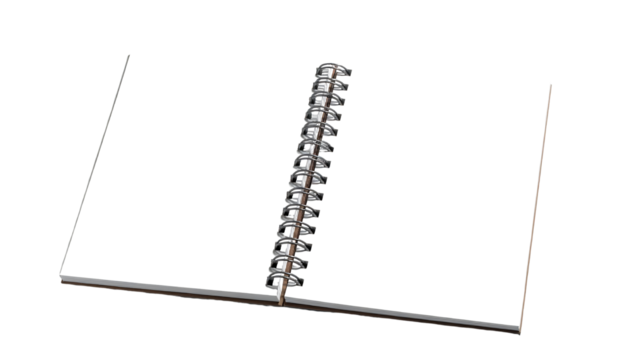 Open spiral bound notebook with blank white pages, viewed from above, on a white background transparent png