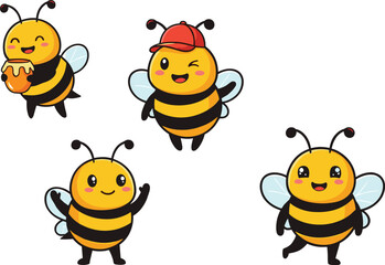 Cartoon bees with honey pot, waving, smiling, playful poses, cheerful expressions, cute insects for kids, whimsical vector illustration design