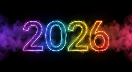 The year 2026 is revealed with colorful neon light and smoke on a black background for new year concept