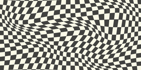 Trippy checkerboard background. Retro psychedelic checkered wallpaper. Wavy groovy chessboard surface. Distorted geometric pattern. Abstract monochrome Eps10