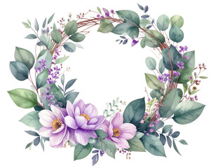 Fototapeta premium Watercolor Floral Wreath with Purple Flowers and Green Leaves 4.