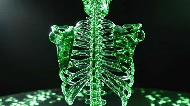 Glowing green transparent ribcage skeleton model spins.