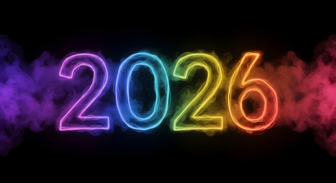 The year 2026 is revealed with colorful neon light and smoke on a black background for new year concept - Powered by Adobe