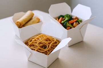 Takeout Cuisine Variety: Chow Mein, Vegetable Stir-Fry, and Spring Rolls in White Containers