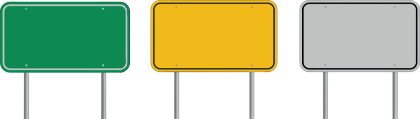 Fototapeta na wymiar Blank road signs, green yellow gray, traffic signage template, empty street signs, directional board design, isolated metal poles, white background illustration