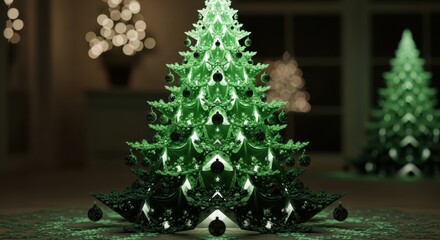 Luminous geometric christmas trees illuminating a cozy interior space with festive background lights