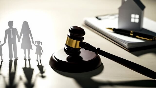 Family Legal Representation Gavel and Miniature House on Desk with Dramatic Shadowing