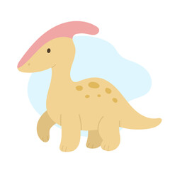 Cute parasaurolophus with soft yellow body and pink crest, parasaurolophus illustration radiating playful prehistoric charm, perfect for kids books, prints, toys, stickers and educational materials.