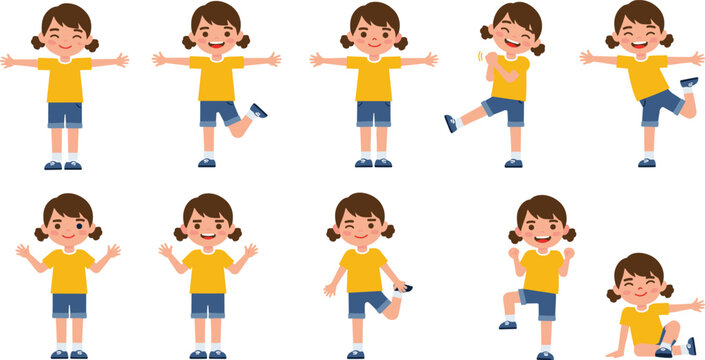 Cartoon girl character in playful poses, emotional expressions, kids activity, fun movement, child actions, vector set for education design
