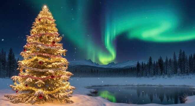 A serene winter wonderland with a decorated Christmas tree under the aurora borealis magical and - Powered by Adobe