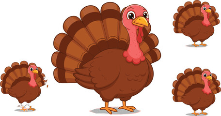 Cartoon turkeys group illustration with colorful feathers, Thanksgiving theme, cute birds, festive poultry characters for holiday, kids, and education design