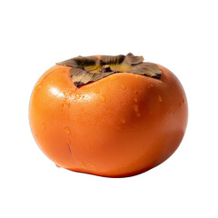 Single Ripe Persimmon Fruit Covered in Water Droplets Isolated on Transparent Background With Natural Lighting Accentuating Texture