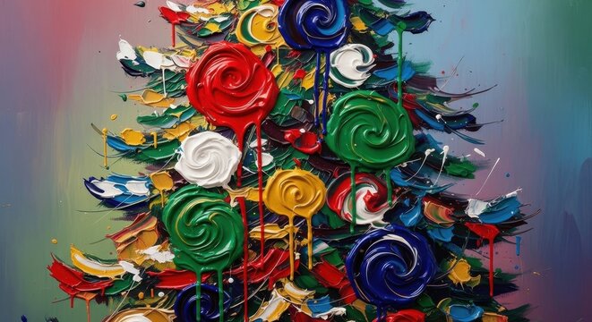 Abstract celebration: a vibrant christmas tree of swirling paint strokes and colorful exuberance