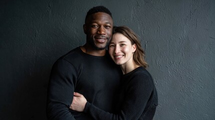 Portrait of Happy Diverse Couple Embracing Against Dark Gray Background, Smiling Together in Love