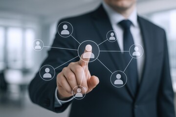 Man in suit touching virtual network interface, demonstrating global team connection and modern technology