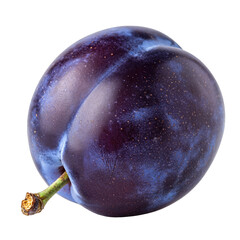 Single Ripe Plum Fruit Showing Deep Purple Skin with Speckles and a Small Stem on a Transparent Background