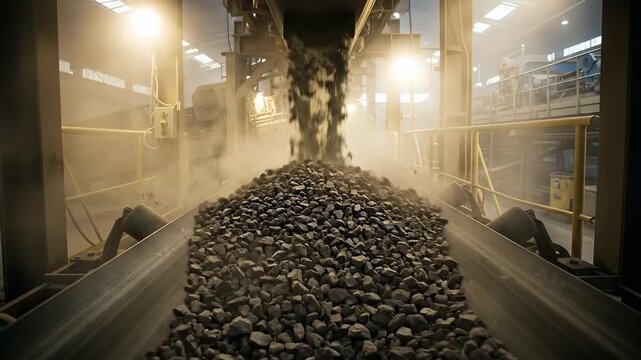 Heavy Gray Rocks Pouring Onto Industrial Conveyor Belt Inside A Manufacturing Facility With Warm Yellow Lighting Creating A Dusty Atmosphere
