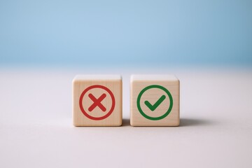 Choice blocks showing a tick and cross, representing decision making, and options evaluation on blue backdrop