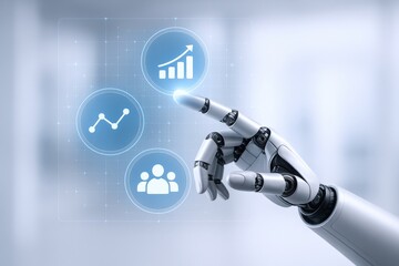 Robotic Hand Interacting with Virtual Business Growth Icons on a Futuristic Interface for Automation