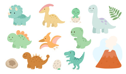 Obraz premium Cute dinosaur set featuring triceratops, stegosaurus, brachiosaurus, and volcano with eggs and leaves, dinosaur set illustration perfect for nursery decor, stickers, posters, prints 