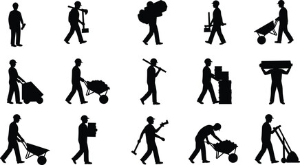 Construction workers silhouettes performing various tasks with tools, teamwork, safety gear, industrial labor, vector icons for building site illustrations
