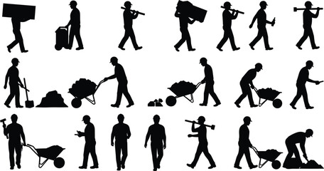 Construction workers silhouettes performing various tasks, industrial labor poses, teamwork, tools, safety gear, manual work, vector illustration for stock content