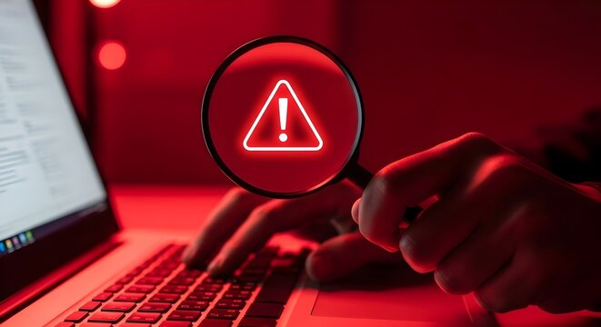 Cyber threat detection and data risk warning concept. Person holding magnifying glass with digital alert symbol representing cybersecurity breach, malware, wallpaper, investigation, system vulnerabili