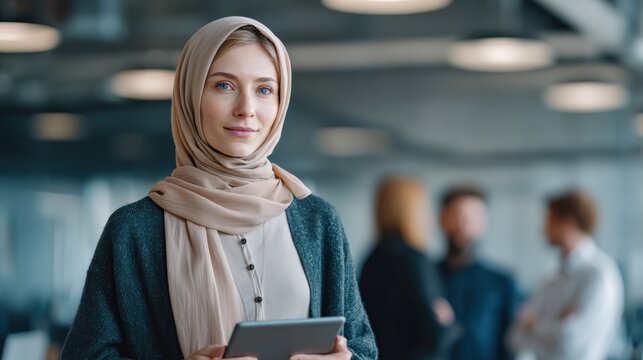 Confident Businesswoman in Hijab Holding Tablet in Modern Office with Colleagues - Powered by Adobe