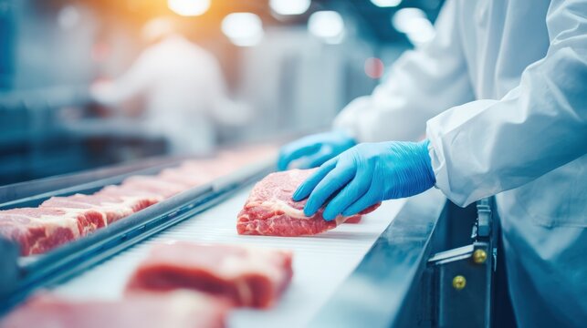 Meat processing worker inspecting quality raw beef steaks on a production line in a factory