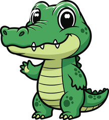 Cute baby crocodile cartoon character standing and waving with smile, green reptile animal for kids book, nursery, and education design