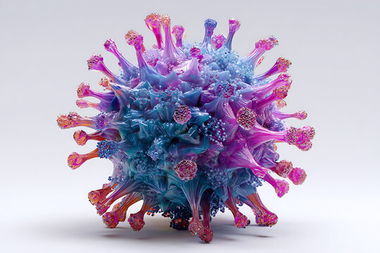 Vibrant 3D rendered coronavirus model showcasing intricate detail and structure in shades of blue, purple, and pink, ideal for scientific and medical presentations - Powered by Adobe